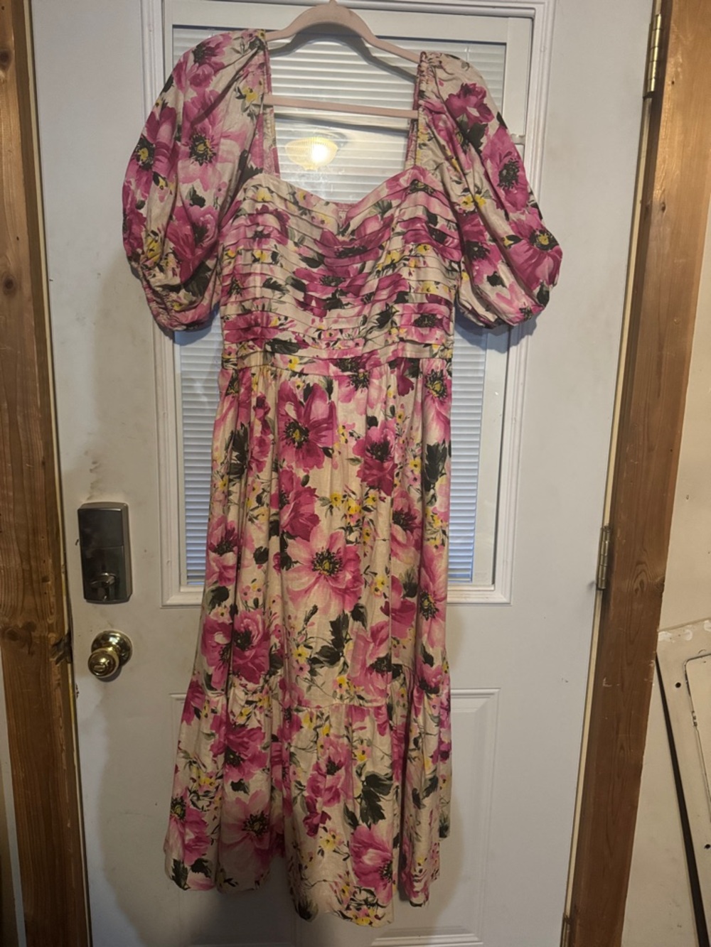 Abercrombie & Fitch Pink Floral Puff-Sleeve Midi Dress